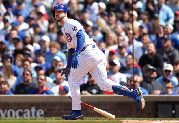 Chicago Cubs outfielder Kyle Tucker drives in a run on a sacrifice fly in the seventh inning of a game against the Colorado Rockies at Wrigley Field in Chicago on May 26, 2025. (Chris Sweda/Chicago Tribune)