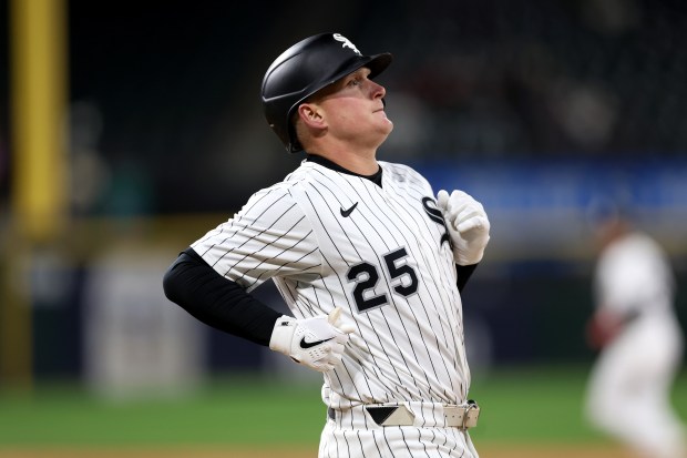 White Sox designated hitter Andrew Vaughn pulls up after making the final out in the ninth inning against the Brewers on April 30, 2025, at Rate Field. (Chris Sweda/Chicago Tribune)