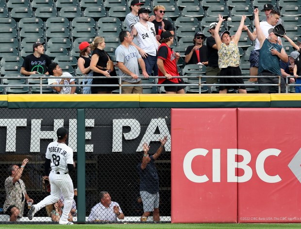 Chicago White Sox center fielder Luis Robert Jr. (88) watches as a ball that went for a solo home run for Arizona Diamondbacks second baseman Ketel Marte lands in the bleachers in the first inning of a game at Rate Field in Chicago on June 24, 2025. (Chris Sweda/Chicago Tribune)