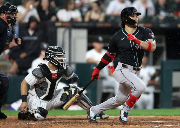 Arizona Diamondbacks center fielder Alek Thomas drives in a run on a single in the seventh inning of a game against the Chicago White Sox at Rate Field in Chicago on June 24, 2025. (Chris Sweda/Chicago Tribune)