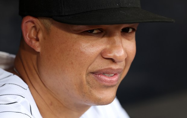Chicago White Sox manager Will Venable relaxes in the dugout before the start of a game against the Arizona Diamondbacks at Rate Field in Chicago on June 24, 2025. (Chris Sweda/Chicago Tribune)