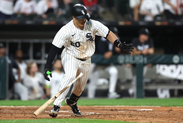 Chicago White Sox third baseman Miguel Vargas leaves the batters box late as he grounds into a double play to end the eighth inning of a game against the Arizona Diamondbacks at Rate Field in Chicago on June 24, 2025. (Chris Sweda/Chicago Tribune)