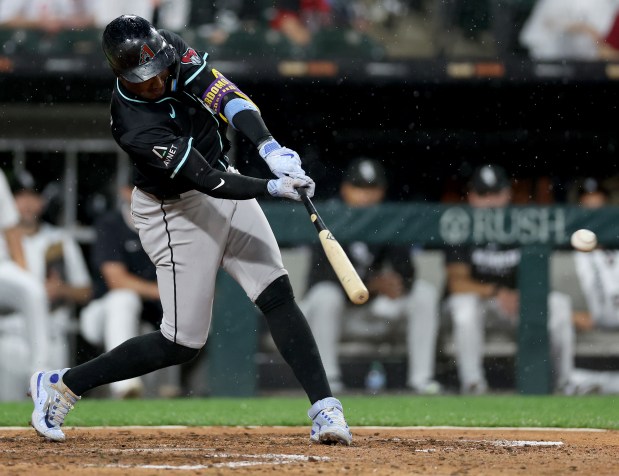 Arizona Diamondbacks shortstop Geraldo Perdomo drives in a run on a single in the seventh inning of a game against the Chicago White Sox at Rate Field in Chicago on June 24, 2025. (Chris Sweda/Chicago Tribune)