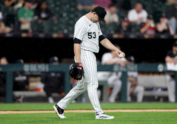 Chicago White Sox relief pitcher Brandon Eisert walks back to the mound after giving up a run-scoring single in the seventh inning of a game against the Arizona Diamondbacks at Rate Field in Chicago on June 24, 2025. (Chris Sweda/Chicago Tribune)