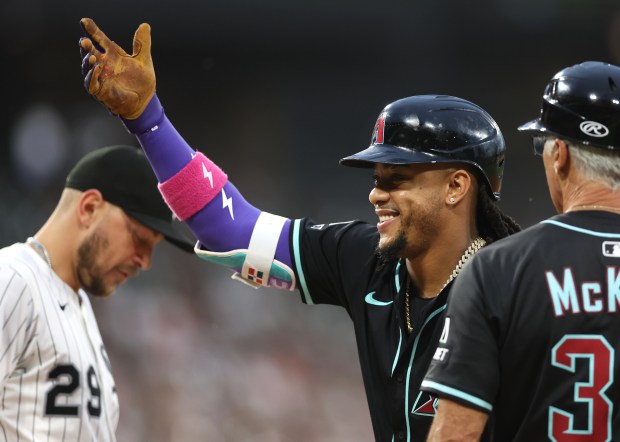 Arizona Diamondbacks second baseman Ketel Marte celebrates af first base after his single in the sixth inning of a game against the Chicago White Sox at Rate Field in Chicago on June 24, 2025. (Chris Sweda/Chicago Tribune)