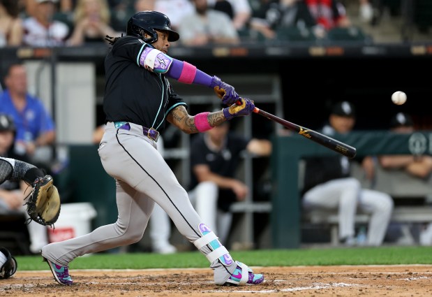 Arizona Diamondbacks second baseman Ketel Marte singles in the sixth inning of a game against the Chicago White Sox at Rate Field in Chicago on June 24, 2025. (Chris Sweda/Chicago Tribune)