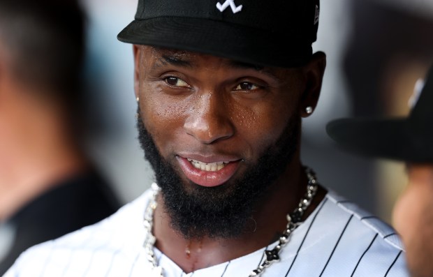 White Sox center fielder Luis Robert Jr. stands in the dugout before a game against the Diamondbacks on Tuesday, June 24, 2025, at Rate Field. (Chris Sweda/Chicago Tribune)