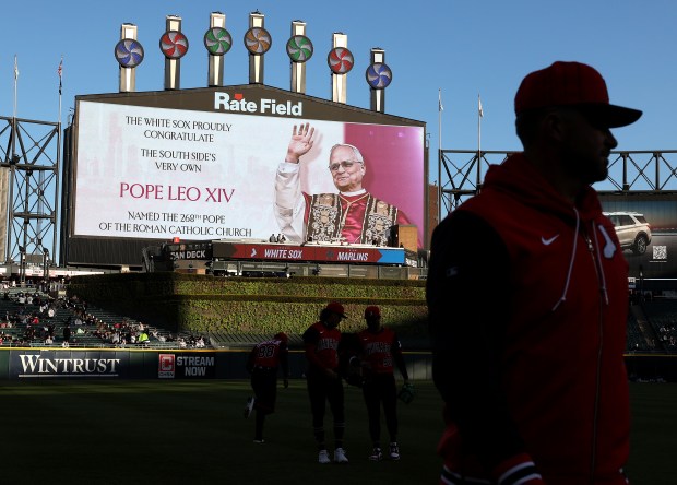 The image of new Pope Leo XIV is shown on the big video board at Rate Field in Chicago before the White Sox host the Marlins on May 9, 2025. (Chris Sweda/Chicago Tribune)
