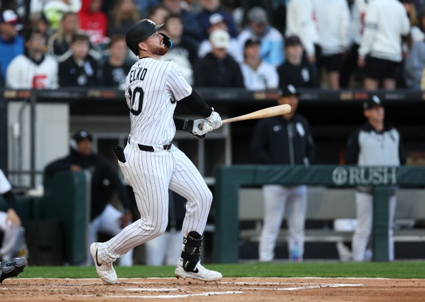 Chicago White Sox first baseman Tim Elko flies out in the third inning of a game against the Miami Marlins at Rate Field in Chicago on May 10, 2025. (Chris Sweda/Chicago Tribune)