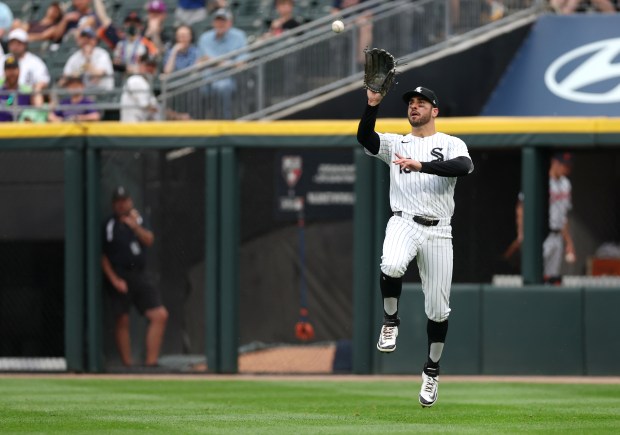Chicago White Sox right fielder Mike Tauchman catches a line drive for an out in the second inning of a game against the Detroit Tigers at Rate Field in Chicago on June 3, 2025. (Chris Sweda/Chicago Tribune)
