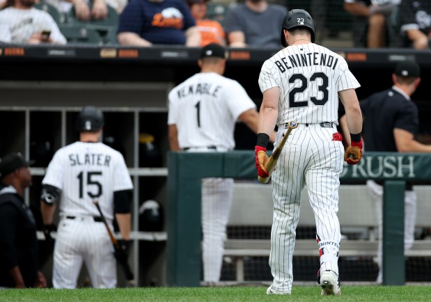 Chicago White Sox designated hitter Andrew Benintendi (23) walks to the dugout after striking out to end the first inning of a game against the Detroit Tigers at Rate Field in Chicago on June 3, 2025. (Chris Sweda/Chicago Tribune)