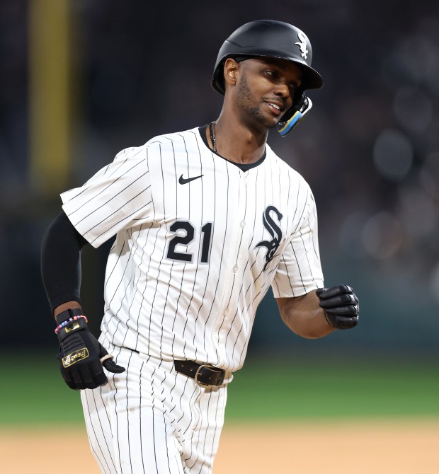 Chicago White Sox center fielder Michael A. Taylor rounds the bases after hitting a three-run home run in the sixth inning of a game against the Detroit Tigers at Rate Field in Chicago on June 3, 2025. (Chris Sweda/Chicago Tribune)