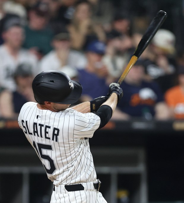 Chicago White Sox left fielder Austin Slater drives in two runs on a double in the seventh inning of a game against the Detroit Tigers at Rate Field in Chicago on June 3, 2025. (Chris Sweda/Chicago Tribune)