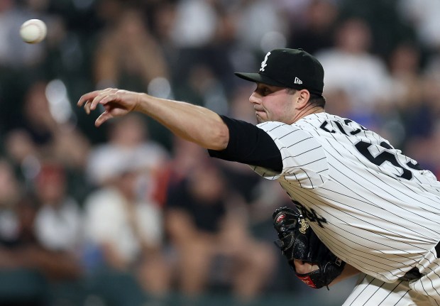 Chicago White Sox relief pitcher Brandon Eisert delivers to the Detroit Tigers in the eighth inning of a game at Rate Field in Chicago on June 3, 2025. (Chris Sweda/Chicago Tribune)