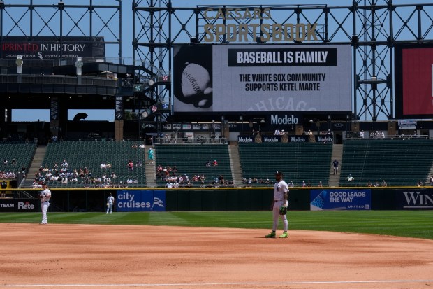 The White Sox display a sign in support of the Diamondbacks' Ketel Marte during the first inning Wednesday, June 25, 2025, at Rate Field. (AP Photo/Erin Hooley)