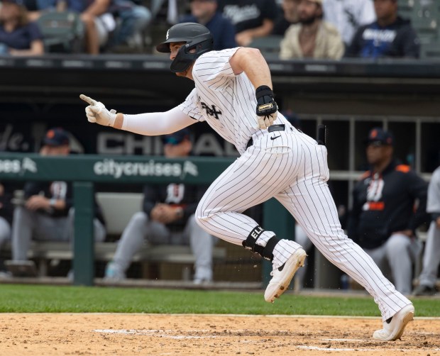 Chicago White Sox first baseman Tim Elko celebrates his game-winning hit in the tenth inning to defeat the Detroit Tigers on Thursday, June 5, 2025, at Rate Field. (Brian Cassella/Chicago Tribune)