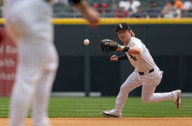 Chicago White Sox second baseman Chase Meidroth tracks down a ground ball against the Detroit Tigers in the third inning Thursday, June 5, 2025, at Rate Field. (Brian Cassella/Chicago Tribune)