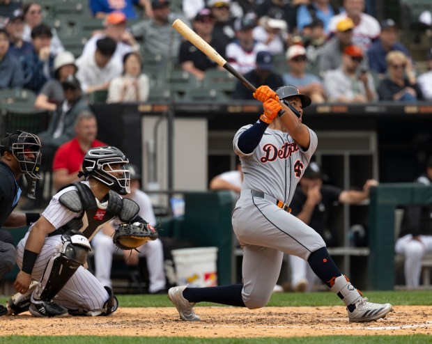 Tigers outfielder Wenceel Pérez hits a home run against the White Sox in the seventh inning on June 5, 2025, at Rate Field. (Brian Cassella/Chicago Tribune)