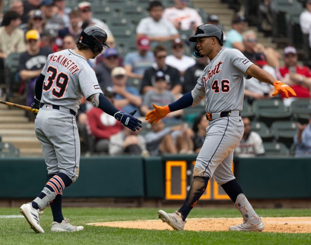 Tigers outfielder Wenceel Pérez (46) celebrates his home run against the White Sox in the seventh inning on June 5, 2025, at Rate Field. (Brian Cassella/Chicago Tribune)