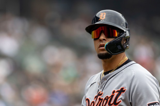 Detroit Tigers outfielder Javier Báez waits on base during a game against the Chicago White Sox on Thursday, June 5, 2025, at Rate Field. (Brian Cassella/Chicago Tribune)