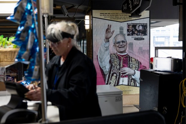 An image of Pope Leo XIV is displayed June 5, 2025, at Rate Field above the seat where he sat in Section 140 during Game 1 of the Chicago White Sox 2005 World Series. (Brian Cassella/Chicago Tribune)