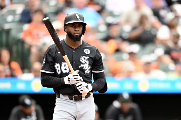 Luis Robert Jr. #88 of the Chicago White Sox reacts after striking out in the ninth inning against the Baltimore Orioles at Oriole Park at Camden Yards on June 01, 2025 in Baltimore, Maryland. (Photo by Greg Fiume/Getty Images)
