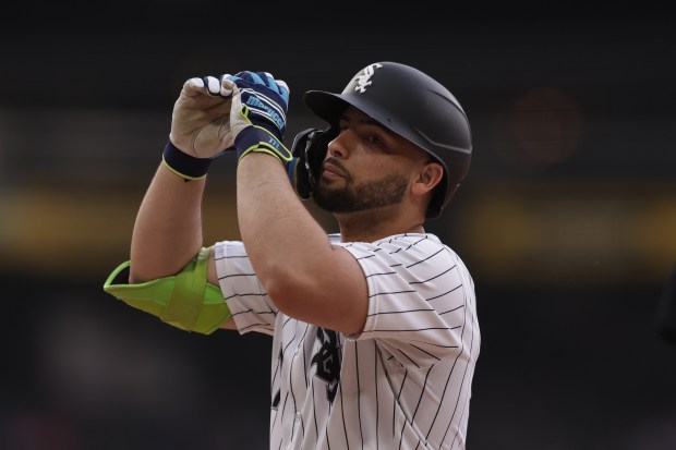 Edgar Quero #7 of the Chicago White Sox celebrates an RBI single during the ninth inning against the Kansas City Royals at Rate Field on June 8, 2025 in Chicago, Illinois. (Photo by Geoff Stellfox/Getty Images)