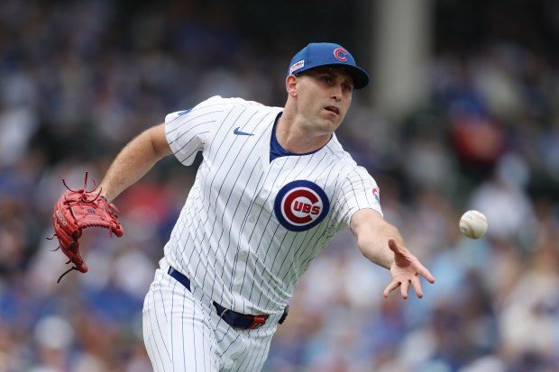 Cubs starter Matthew Boyd throws to first base for an out during the first inning against the Pirates on Saturday, June 14, 2025, at Wrigley Field. (Geoff Stellfox/Getty Images)
