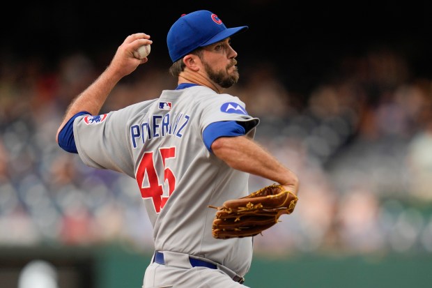 Cubs pitcher Drew Pomeranz delivers to the Nationals during the first inning on June 5, 2025, in Washington. (Jess Rapfogel/AP)