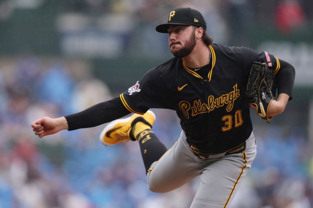 Pirates starter Paul Skenes delivers against the Cubs in the second inning on June 13, 2025, at Wrigley Field. (Geoff Stellfox/Getty Images)