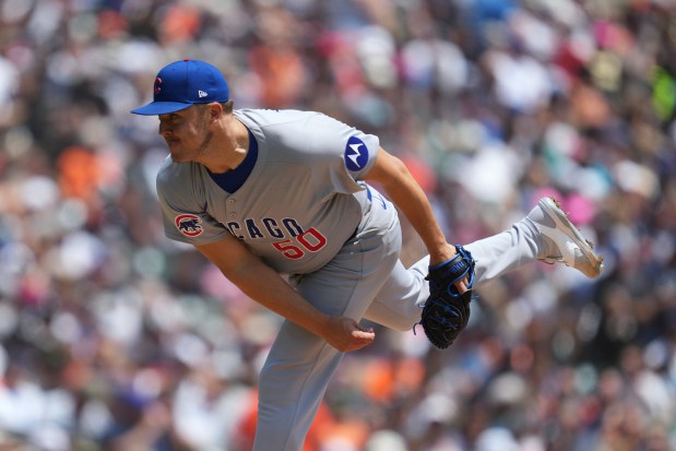 Cubs starter Jameson Taillon delivers against the Tigers in the third inning on June 7, 2025, in Detroit. (Paul Sancya/AP)