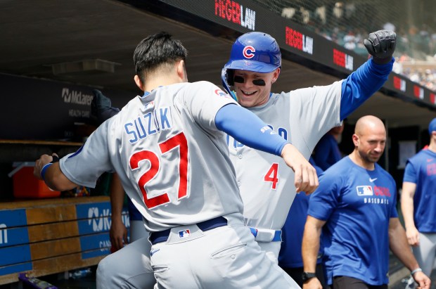 Pete Crow-Armstrong (4) celebrates with Seiya Suzuki after hitting a solo home run against the Tigers in the seventh inning on June 7, 2025, in Detroit. (Duane Burleson/Getty Images)