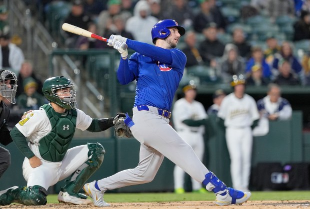 Cubs slugger Kyle Tucker hits a solo home run against the Athletics in the top of the third inning on April 1, 2025, in West Sacramento, Calif. (Thearon W. Henderson/Getty Images)