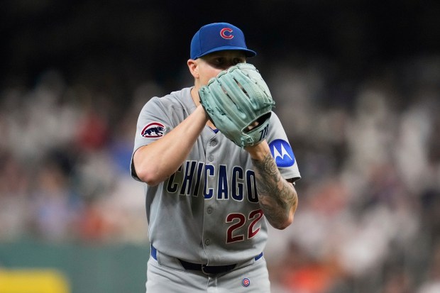 Chicago Cubs starting pitcher Cade Horton prepares to throw during the first inning of a baseball game against the Houston Astros in Houston, Friday, June 27, 2025. (AP Photo/Ashley Landis)