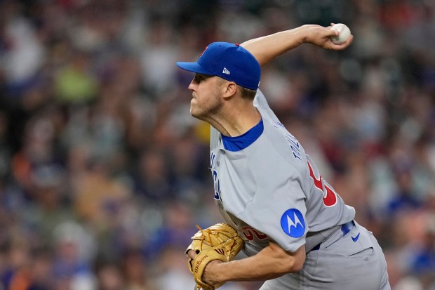 Chicago Cubs starting pitcher Jameson Taillon throws against the Houston Astros during the first inning of a baseball game Sunday, June 29, 2025, in Houston. (AP Photo/David J. Phillip)