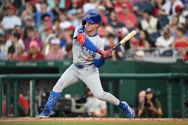 Chicago Cubs' Pete Crow-Armstrong at bat during the sixth inning of a baseball game against the Washington Nationals in Washington, Wednesday, June 4, 2025. (AP Photo/Terrance Williams)