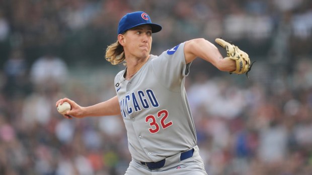 Chicago Cubs pitcher Ben Brown throws against the Detroit Tigers in the third inning during a baseball game, Friday, June 6, 2025, in Detroit. (AP Photo/Paul Sancya)