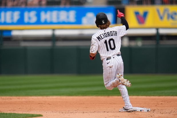 White Sox shortstop Chase Meidroth rounds the bases after hitting a solo home run in the third inning against the Royals on June 7, 2025, at Rate Field. (Erin Hooley/AP)