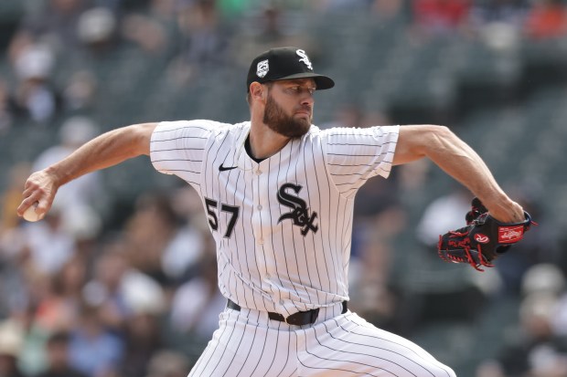 White Sox starter Adrian Houser delivers against the Royals in the second inning on June 7, 2025, at Rate Field. (Geoff Stellfox/Getty Images)