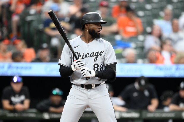 Chicago White Sox's Luis Robert Jr. in action during a baseball game against the Baltimore Orioles, Friday, May 30, 2025, in Baltimore. (AP Photo/Nick Wass)