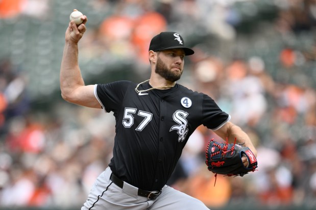 Chicago White Sox starting pitcher Adrian Houser throws during the second inning of a baseball game against the Baltimore Orioles, Sunday, June 1, 2025, in Baltimore. (AP Photo/Nick Wass)