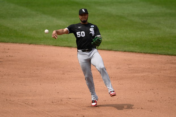 Chicago White Sox second baseman Lenyn Sosa (50) in action during a baseball game against the Baltimore Orioles, Sunday, June 1, 2025, in Baltimore. (AP Photo/Nick Wass)