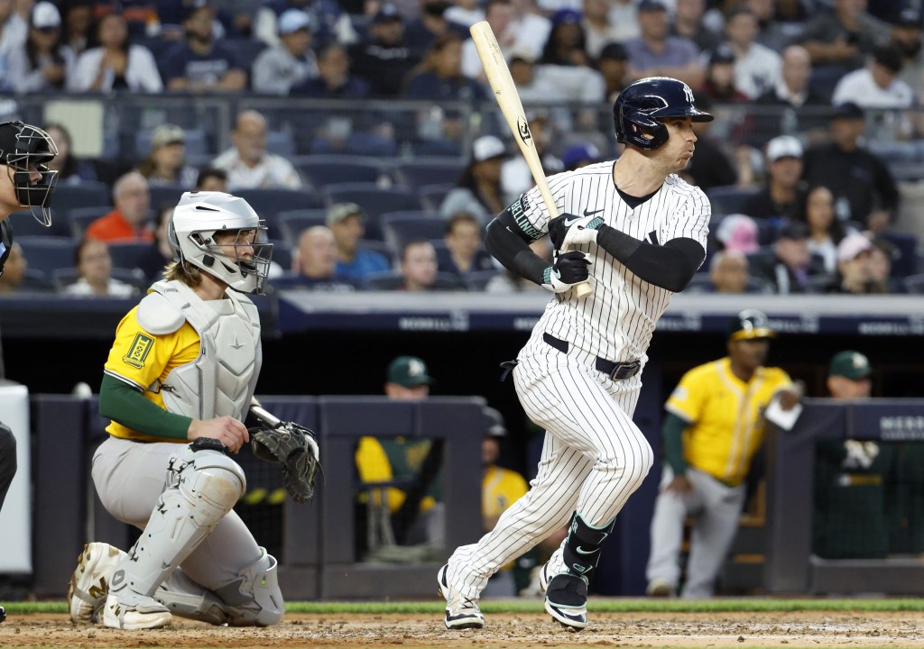 Cody Bellinger rips an RBI single in the third inning of the Yankees' 3-0 win over the A's on June 27, 2025.