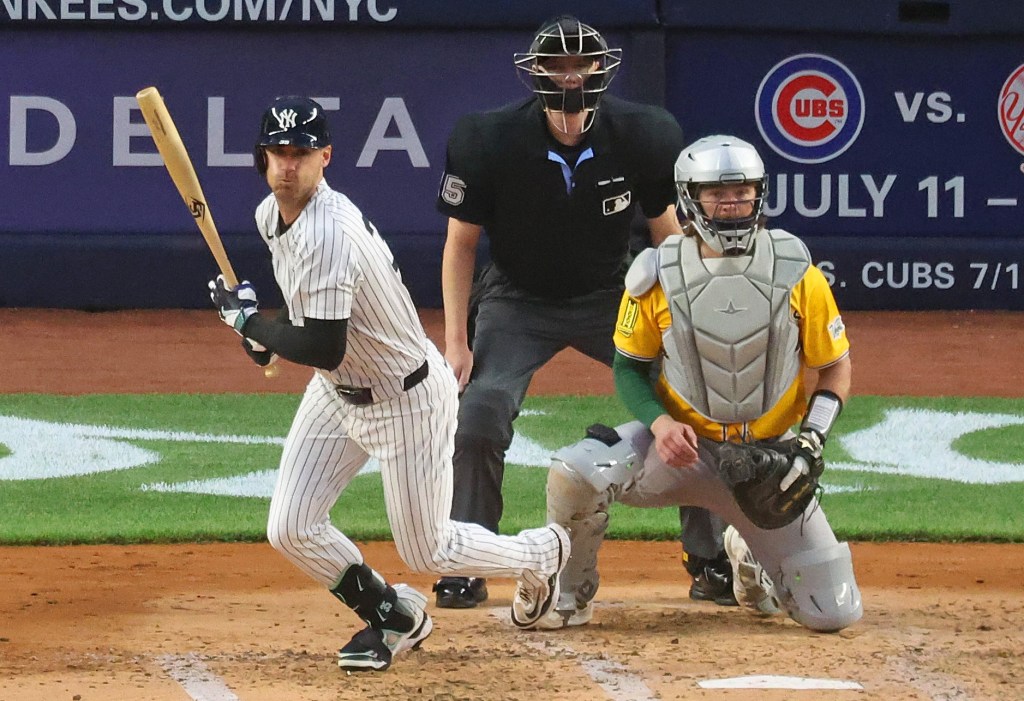 Cody Bellinger rips an RBI single during the third inning of the Yankees' win over the A's.