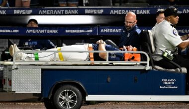 Orioles-Ray: Hunter Bigge carted off field after foul ball strikes him in dugout