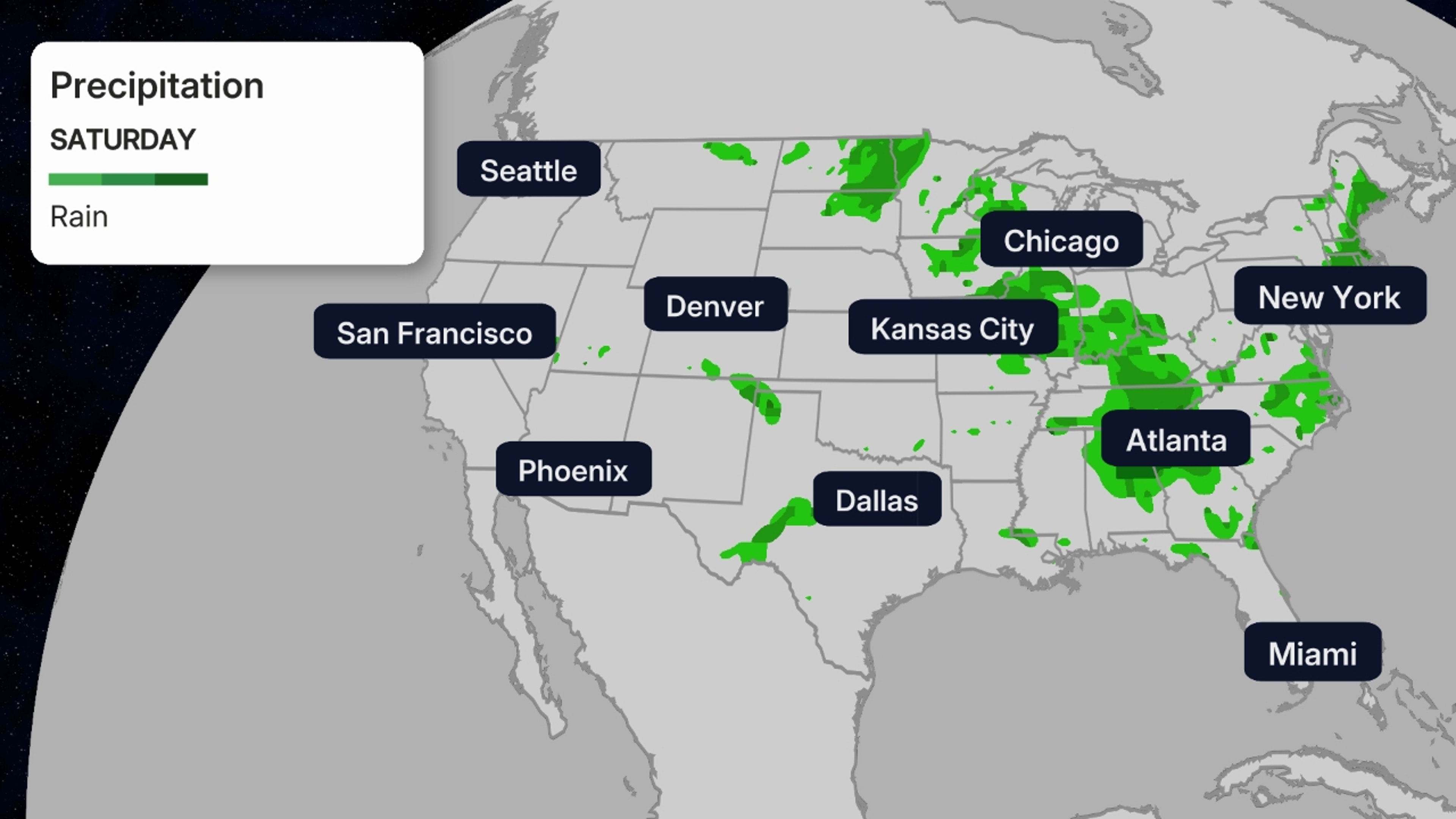 Darker greens have higher rain chances.