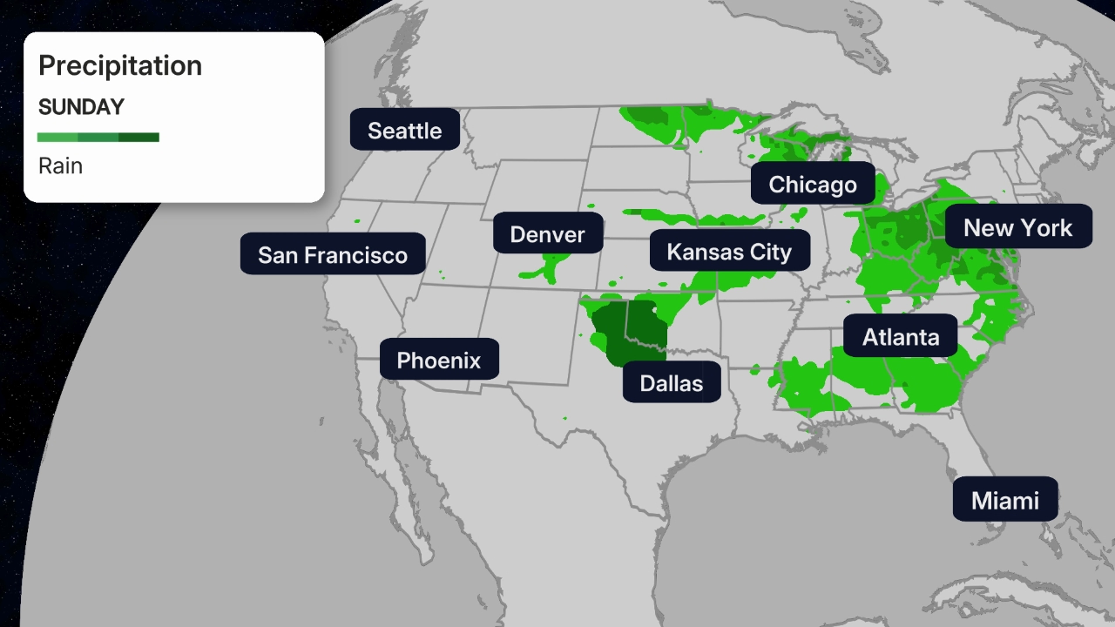 Darker greens have higher rain chances.