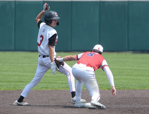 Coatesville 's(5) Adam Clark is safe at second as Neshaminy's Chase Bonner was late with the tag in the sixth inning of the PIAA state quarter-finals against Neshaminy Thursday at Villanova stadium in Plymouth, The Red Raiders fell 3-1 to end a successful season. PETE BANNAN-MEDIANEWS GROUP