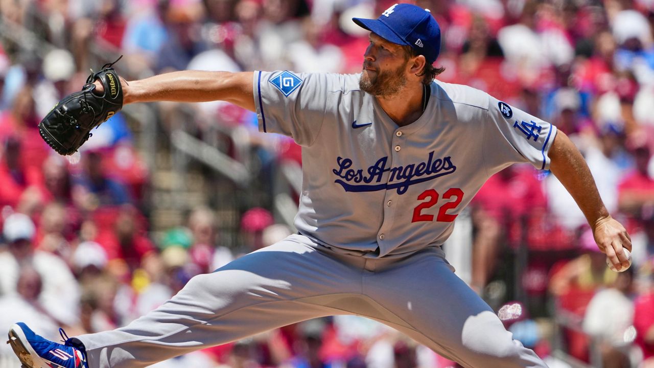 Los Angeles Dodgers starting pitcher Clayton Kershaw throws during the first inning of a baseball game against the St. Louis Cardinals Sunday, June 8, 2025, in St. Louis. (AP Photo/Jeff Roberson)