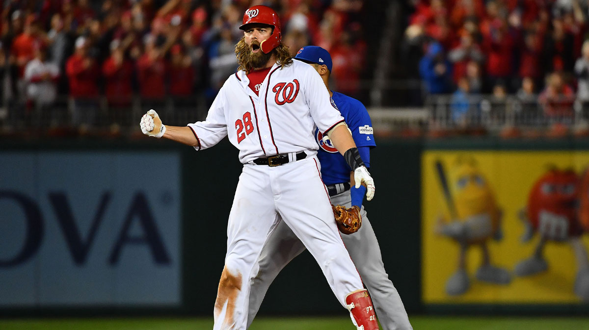 Washington Nationals left fielder Jayson Werth (28) reacts after hitting a double in the second inning during game five of the 2017 NLDS playoff baseball series against the Chicago Cubs at Nationals Park. 